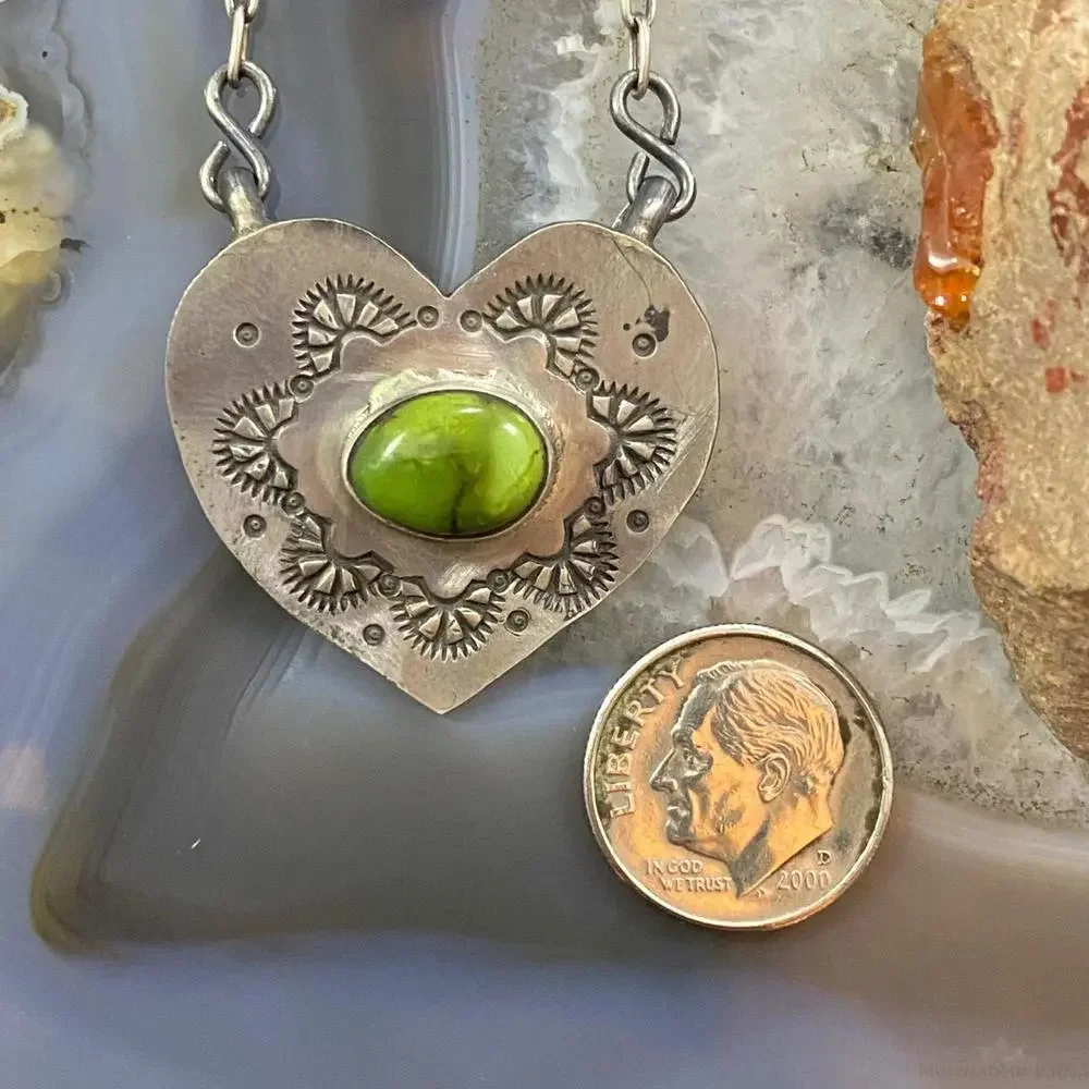 Marie Tsosie Sterling Silver Oval Sonora Gold Turquoise Stamped Heart Necklace - Picture 8 of 10